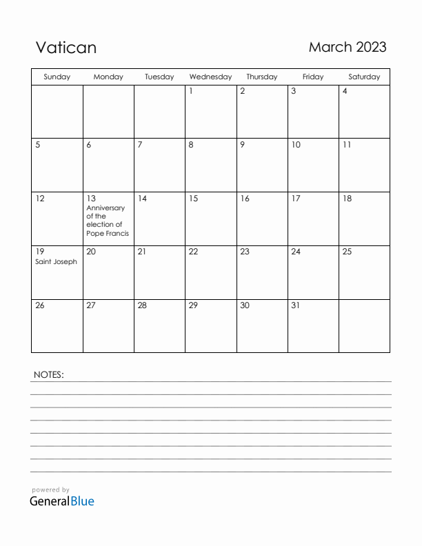 March 2023 Vatican Calendar with Holidays (Sunday Start)