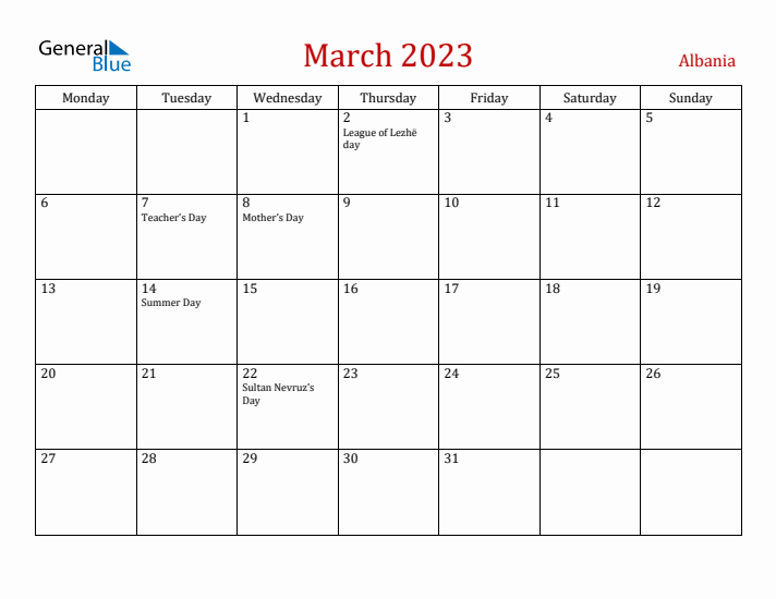 Albania March 2023 Calendar - Monday Start