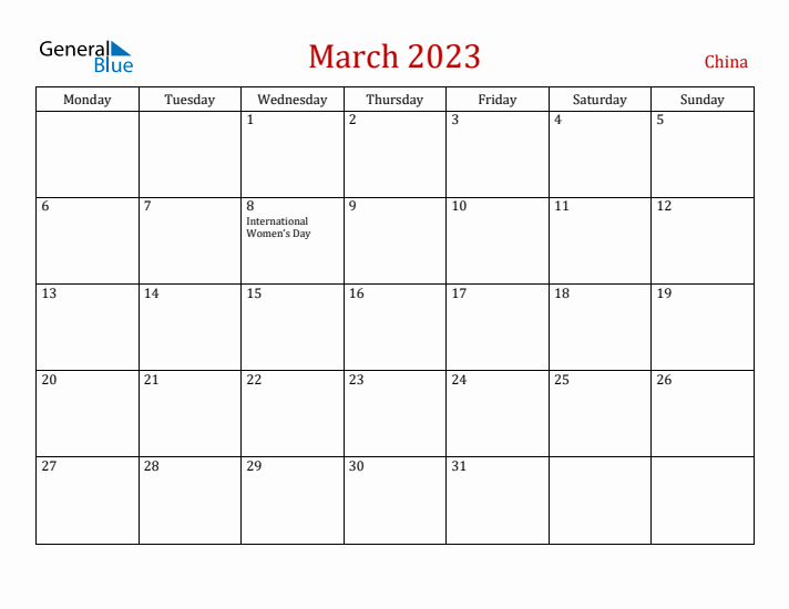 China March 2023 Calendar - Monday Start