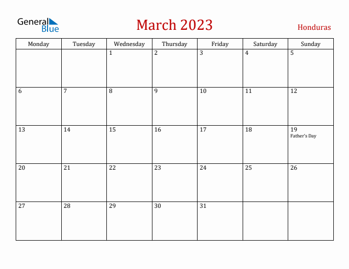 Honduras March 2023 Calendar - Monday Start