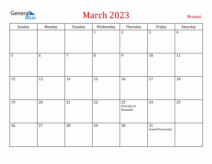 Brunei March 2023 Calendar - Sunday Start