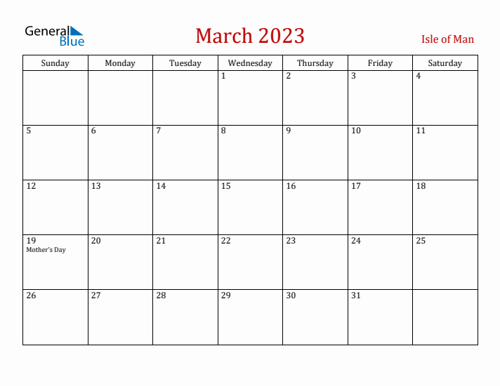 Isle of Man March 2023 Calendar - Sunday Start