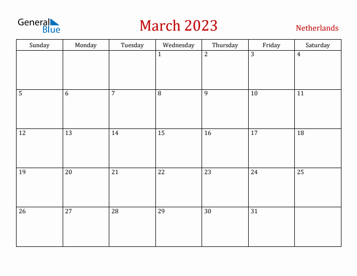 The Netherlands March 2023 Calendar - Sunday Start