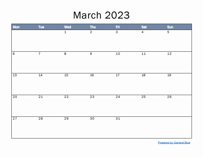 March 2023 Simple Month Calendar Template