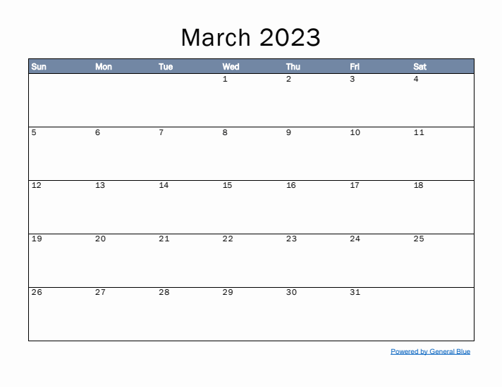 March 2023 Simple Month Calendar Template