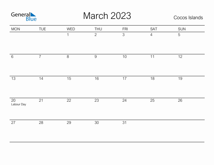 Printable March 2023 Calendar for Cocos Islands