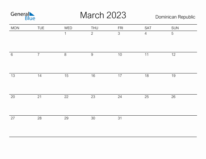 Printable March 2023 Calendar for Dominican Republic