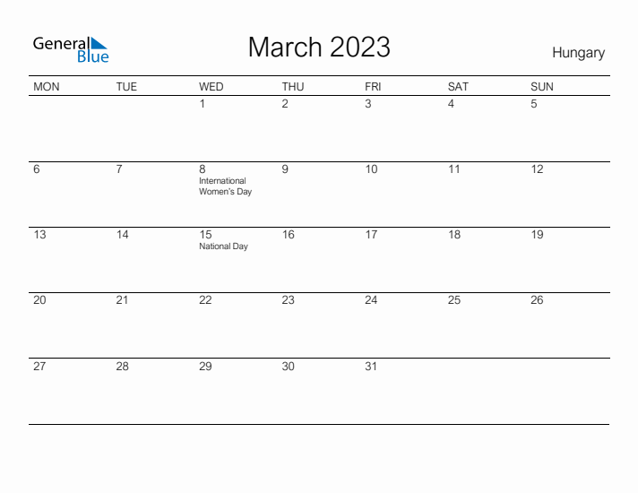 Printable March 2023 Calendar for Hungary