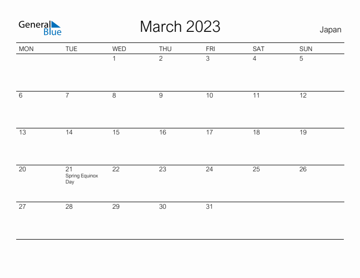 Printable March 2023 Calendar for Japan