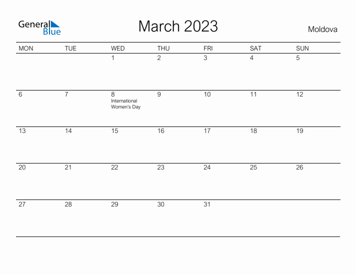 Printable March 2023 Calendar for Moldova