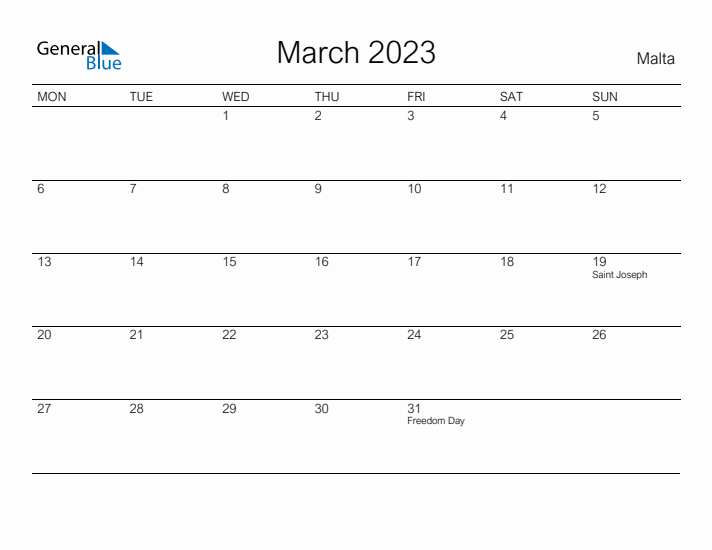 Printable March 2023 Calendar for Malta