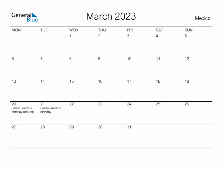 Printable March 2023 Calendar for Mexico