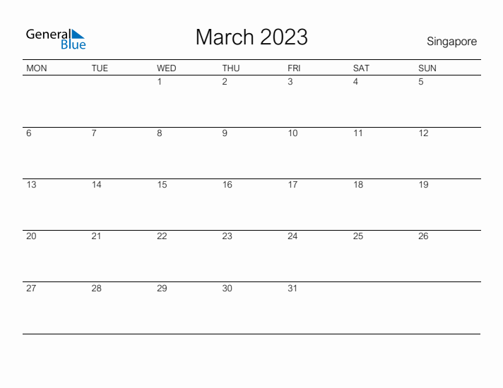 Printable March 2023 Calendar for Singapore