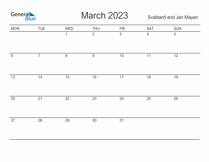 Printable March 2023 Calendar for Svalbard and Jan Mayen