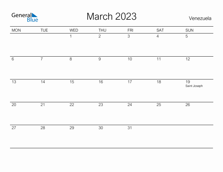 Printable March 2023 Calendar for Venezuela