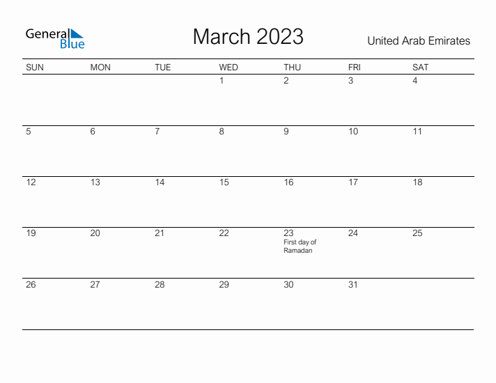 Printable March 2023 Calendar for United Arab Emirates