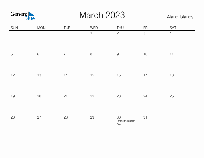 Printable March 2023 Calendar for Aland Islands