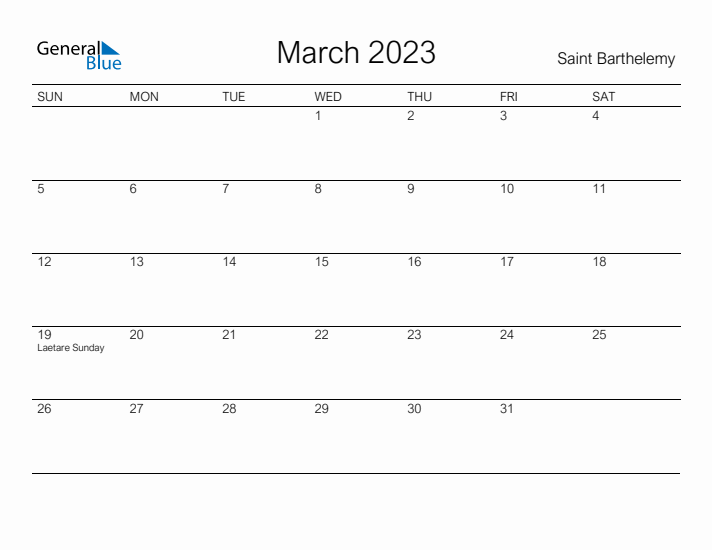 Printable March 2023 Calendar for Saint Barthelemy