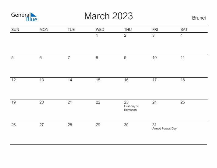 Printable March 2023 Calendar for Brunei