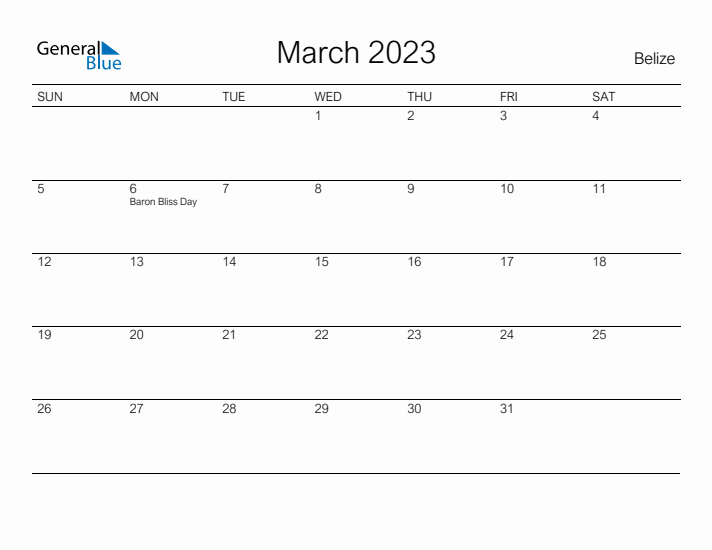 Printable March 2023 Calendar for Belize