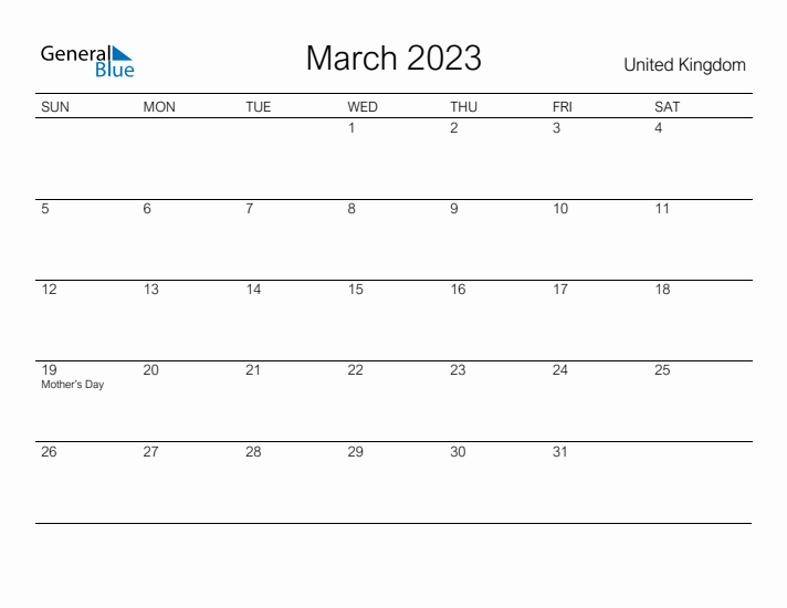 Printable March 2023 Calendar for United Kingdom