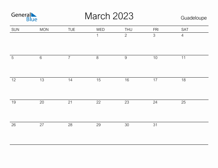 Printable March 2023 Calendar for Guadeloupe