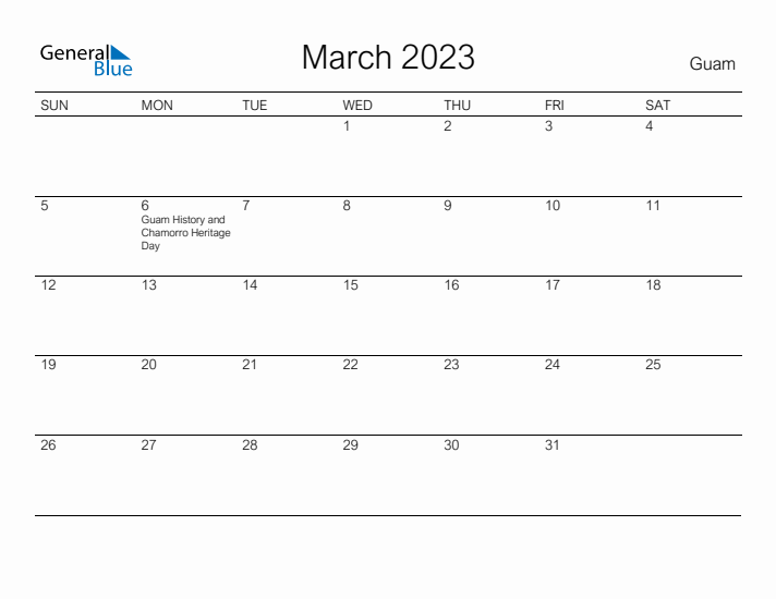 Printable March 2023 Calendar for Guam