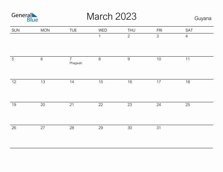 Printable March 2023 Calendar for Guyana