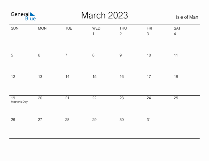 Printable March 2023 Calendar for Isle of Man