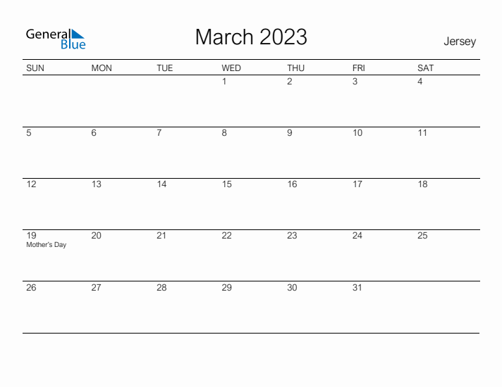 Printable March 2023 Calendar for Jersey