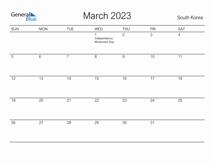 Printable March 2023 Calendar for South Korea