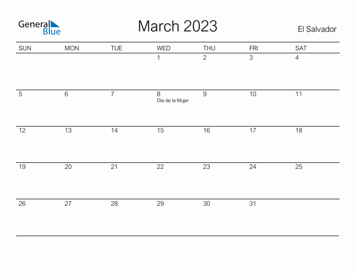 Printable March 2023 Calendar for El Salvador