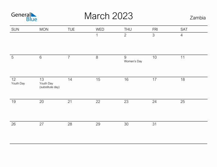 Printable March 2023 Calendar for Zambia