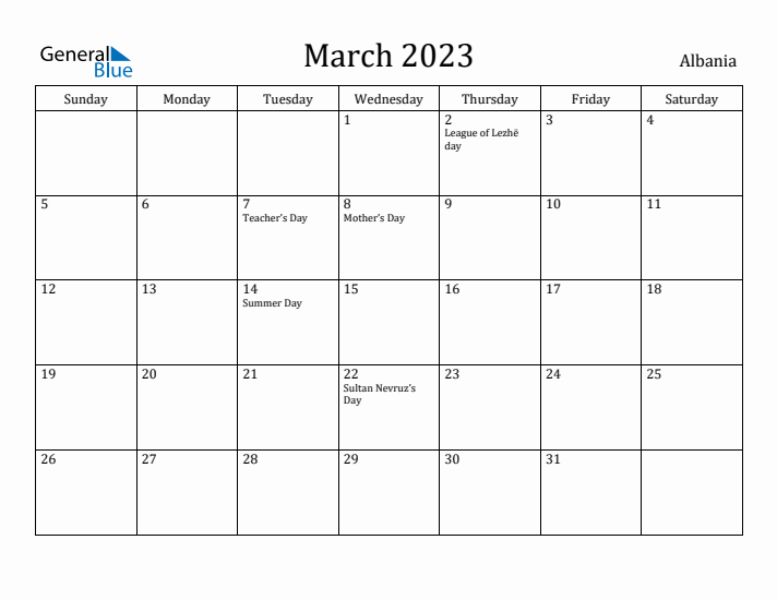 March 2023 Calendar Albania