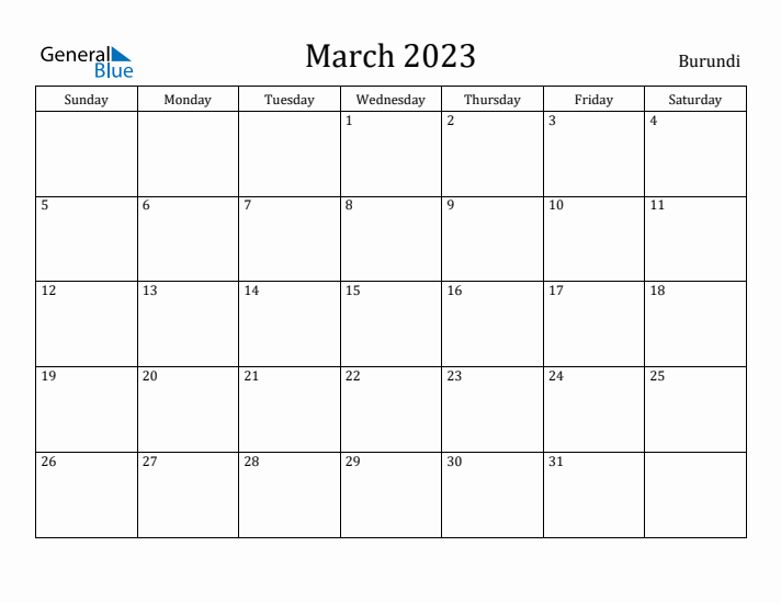 March 2023 Calendar Burundi