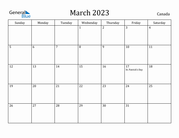 March 2023 Calendar Canada