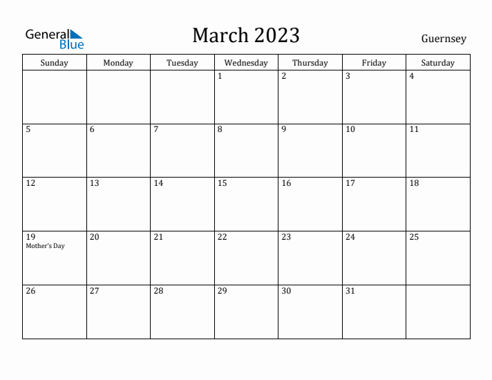 March 2023 Calendar Guernsey