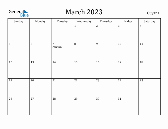 March 2023 Calendar Guyana