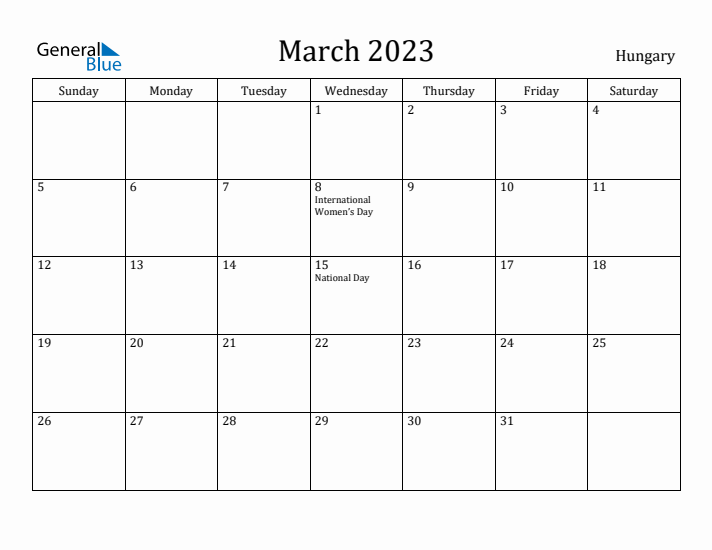 March 2023 Calendar Hungary