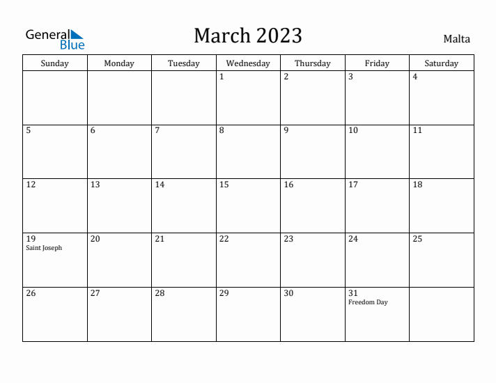 March 2023 Calendar Malta