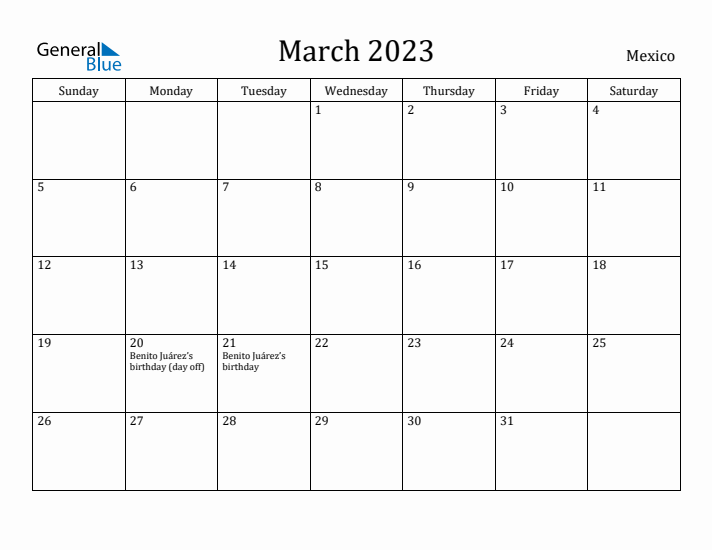 March 2023 Calendar Mexico