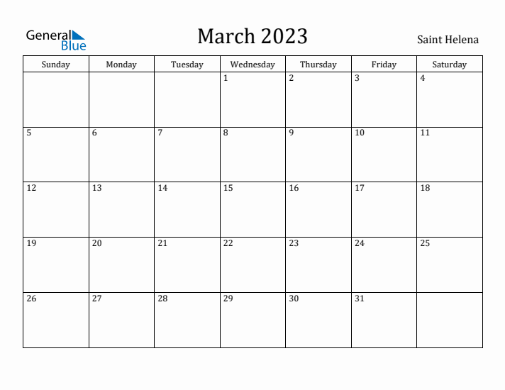 March 2023 Calendar Saint Helena