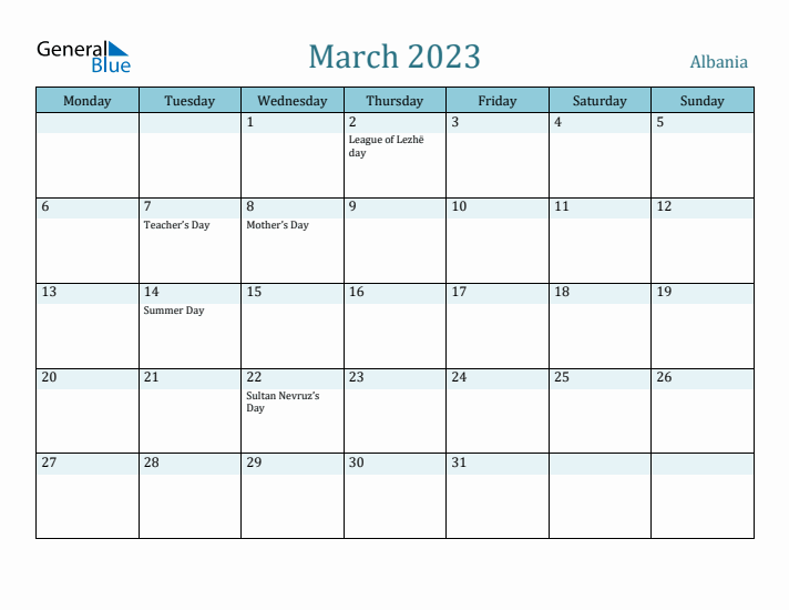 March 2023 Calendar with Holidays