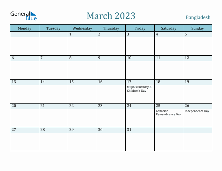 March 2023 Calendar with Holidays