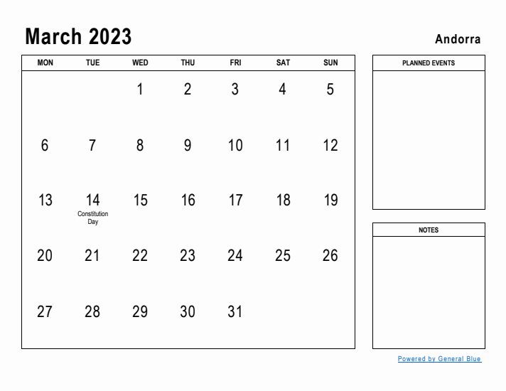 March 2023 Printable Monthly Calendar with Andorra Holidays