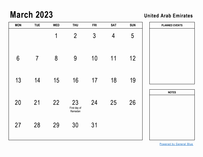 March 2023 Printable Monthly Calendar with United Arab Emirates Holidays