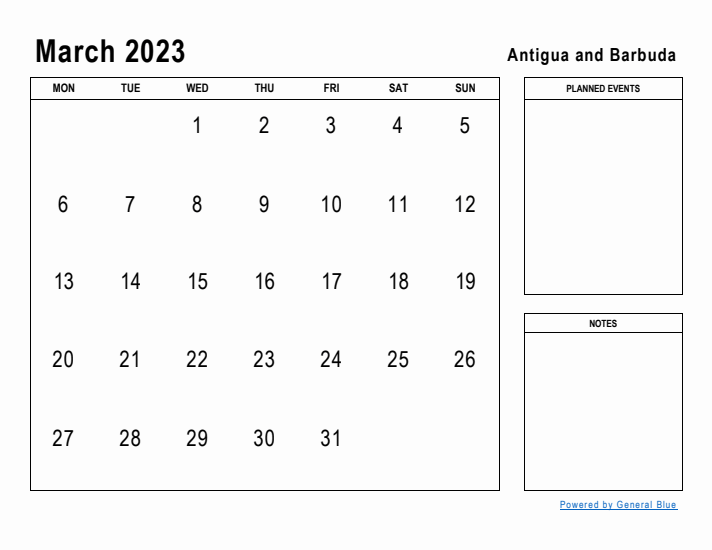 March 2023 Printable Monthly Calendar with Antigua and Barbuda Holidays