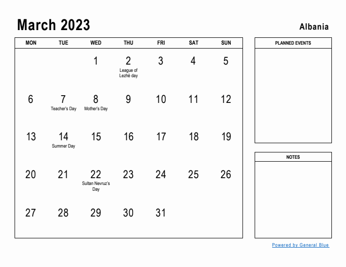 March 2023 Printable Monthly Calendar with Albania Holidays