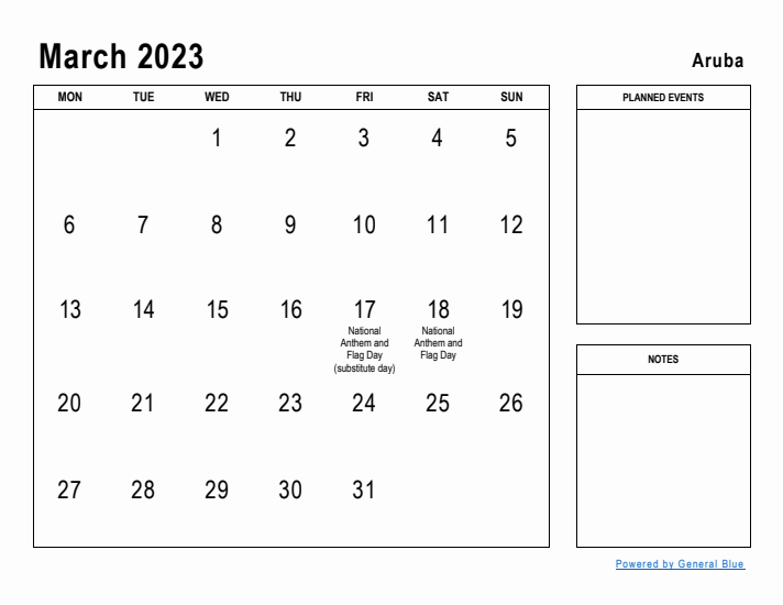 March 2023 Printable Monthly Calendar with Aruba Holidays