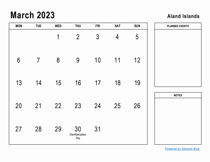 March 2023 Printable Monthly Calendar with Aland Islands Holidays